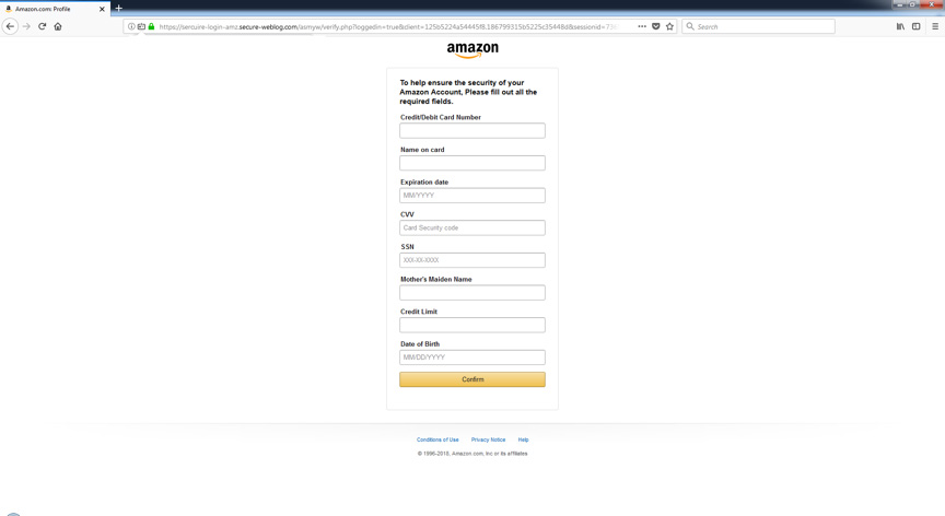 Tentativa de phishing na imitação de um formulário da Amazon