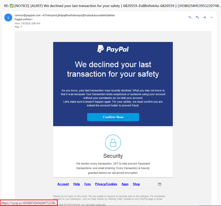 Tentativa de phishing numa imitação do PayPal