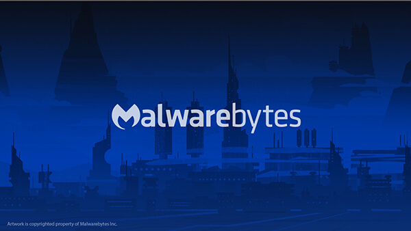 Blue futuristic cityscape with off-white Malwarebytes logo in the center