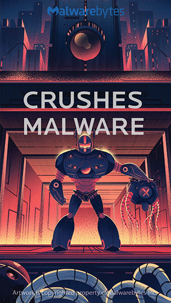 Robot in front of buildings holding a defeated malware ready to crush more oncoming malware with 